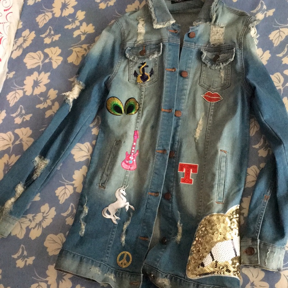 Distressed patch denim jacket